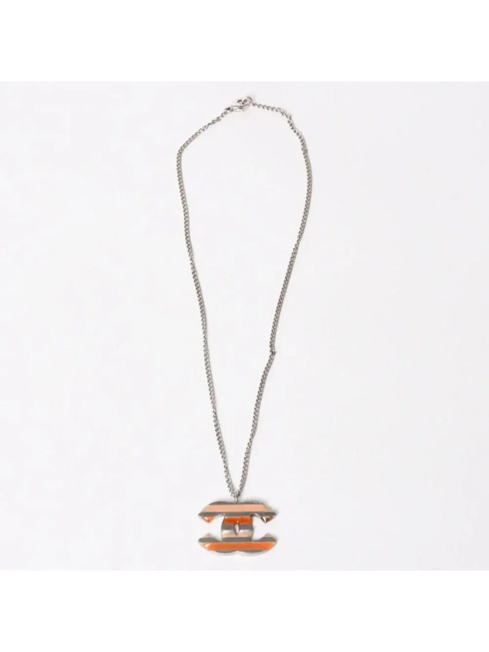 Chanel Necklace CC Logo Border Orange Pink Silver 05
